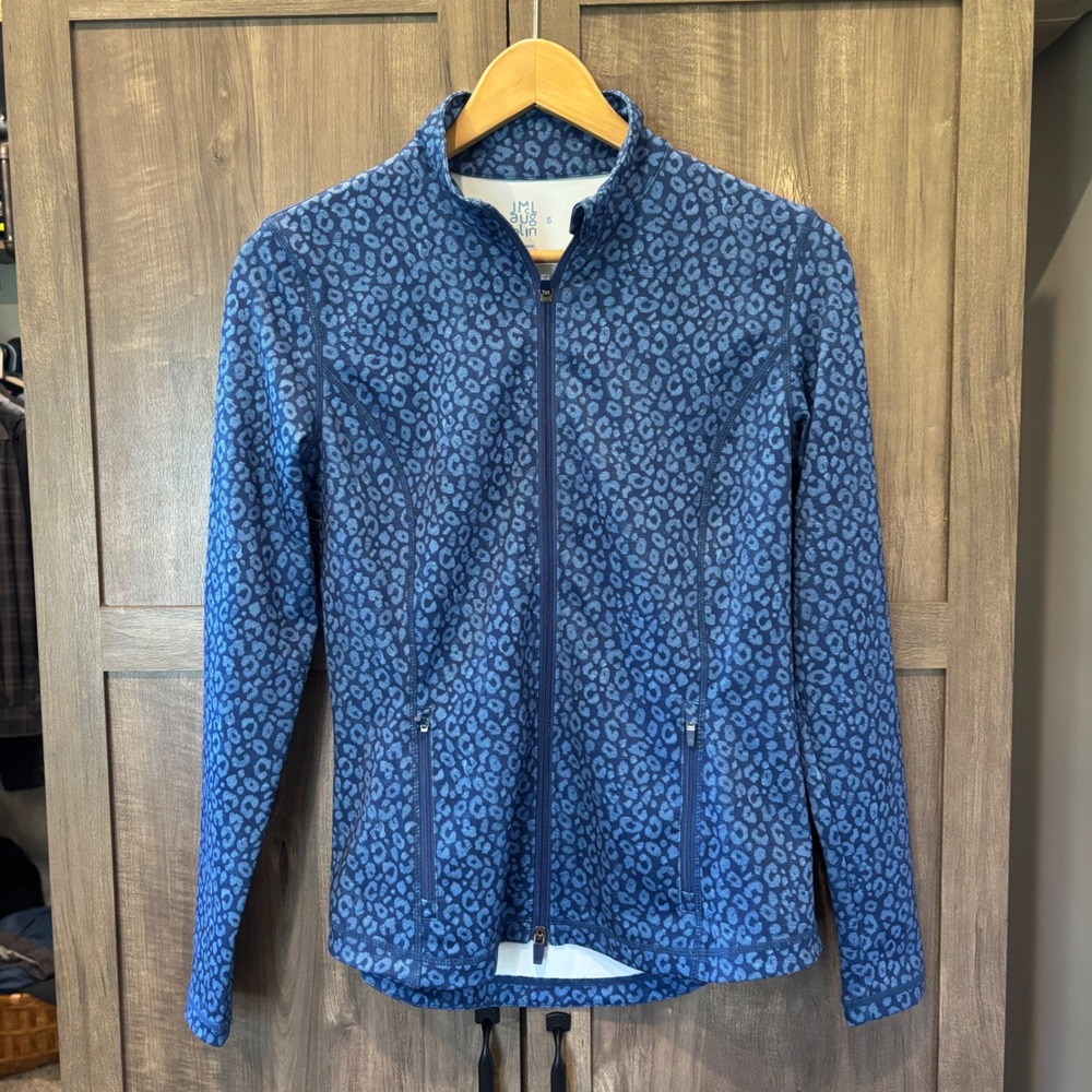 J.McLaughlin Blue Leopard Print Full Zip Active Jacket Small Mock Neck